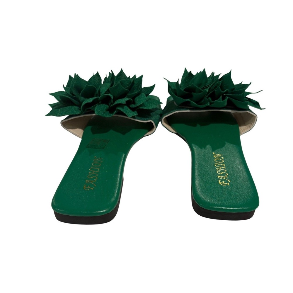 Fashion Emerald Green 3D Floral Square Toe Flat Slide Sandals Womens Size 36 - Picture 5 of 7